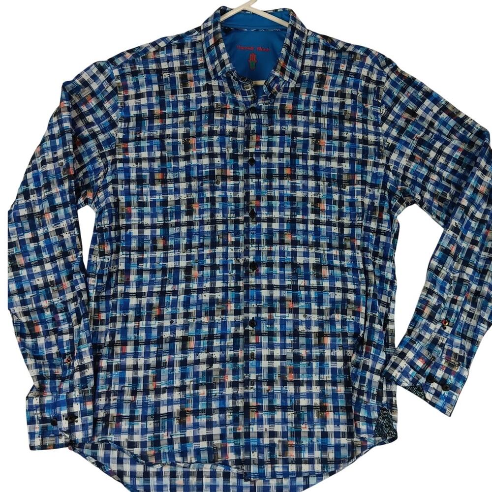 Visconti Black Button Up Shirt Mens‎ Large Blue Check No Tuck Flip Cuff Party